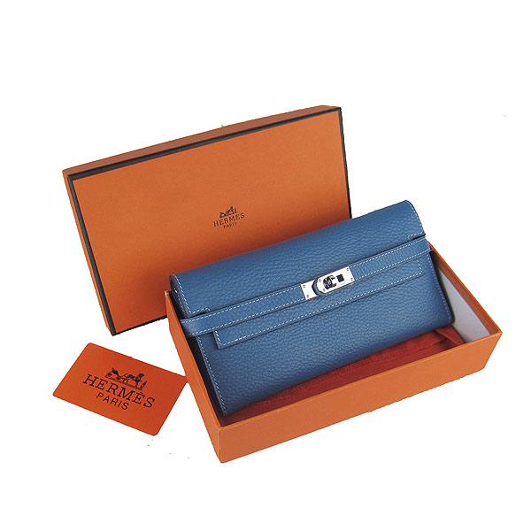 High Quality Hermes Kelly Long Clutch Bag Blue H009 Replica - Click Image to Close